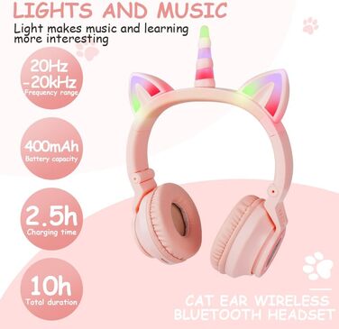 Дитячі навушники AXFEE з Bluetooth, котячі вушка, LED-підсвітка, Over-Ear, стерео, бездротові, з мікрофоном, Micro SD/TF, для телефону/планшета/ПК, рожеві