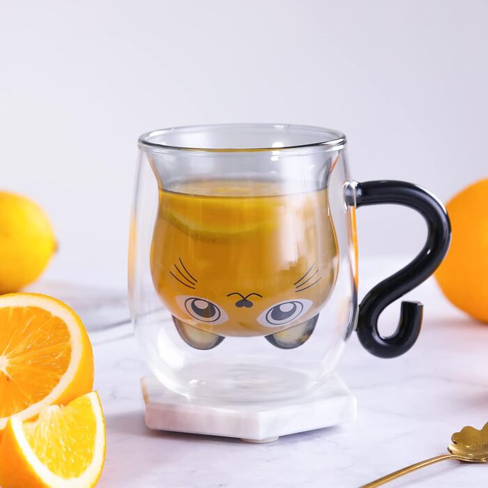 Set of 2 cute cat mugs, cute cat teacup, 250ml double-walled glass, cat mugs with handle, beer mugs, cute birthday gifts for women and men (pack of 2, black+white)
