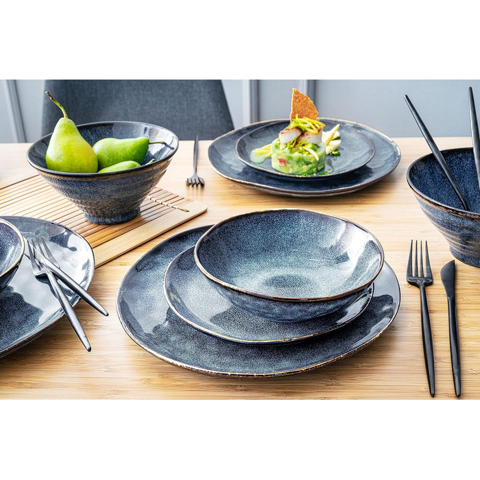 Singer | Teller Set Tokio 12-Piece Set, Stoneware Dinnerware Set for 4 People, Tableware Service including Dinner Plates, Cake Plates & Bowl Set, Dark Blue Dinner Service with Black Accents | PREMIUM COLLECTION 12-Piece Tableware Set