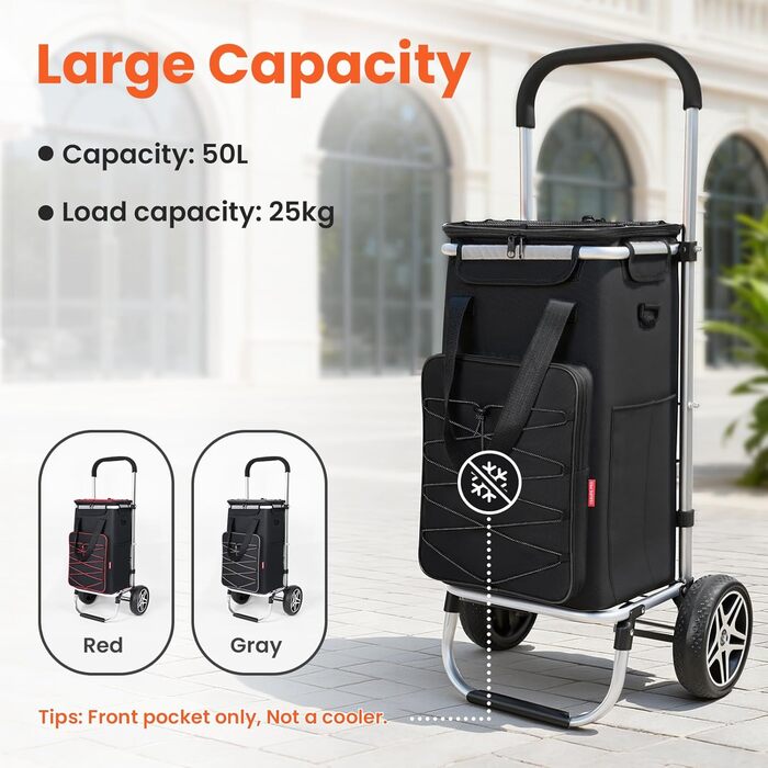 YEAUPE PRO Кухоль-тележка 3в1 з термоізольованим відділенням, 50л, знімний мішок, вантажопідйомність до 25кг, бічні кишені та відкривачка для пляшок (Чорний), не складається