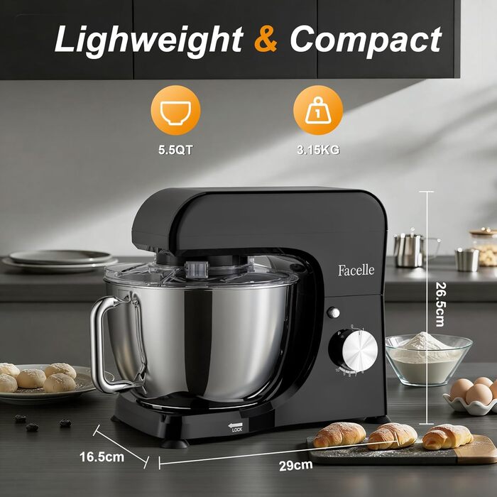 Планетарний кухонний комбайн-міксер 1300W, чаша з нержавіючої сталі 5.5л, 10 швидкостей, з насадками (гак, вінчик, міксер) та захистом від бризок, чорний