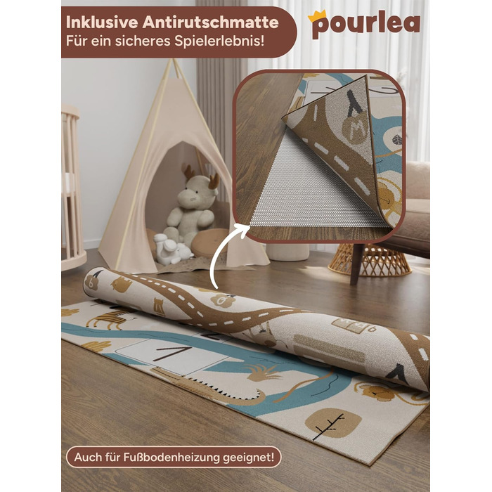 Дитячий килимок pourlea® двосторонній, Oeko Tex, з антиковзкою підкладкою, 140x200 см, ігровий килим Safari та автодороги, для дитячої кімнати, бежевий