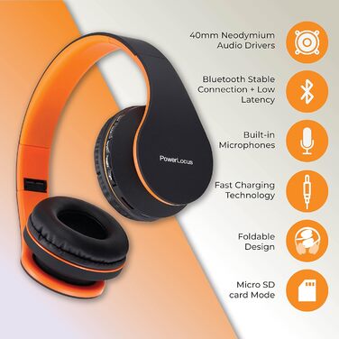 PowerLocus Бездротові навушники Over-Ear з Bluetooth, Hi-Fi стерео, FM радіо, Micro SD/TF, мікрофоном та зручними амбушюрами (Чорний/Помаранчевий)