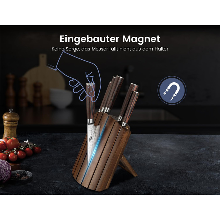 Набір кухонних ножів Messerset 7 предметів у японському стилі з магнітним блоком з акації, сталь карбонова, ергономічна ручка