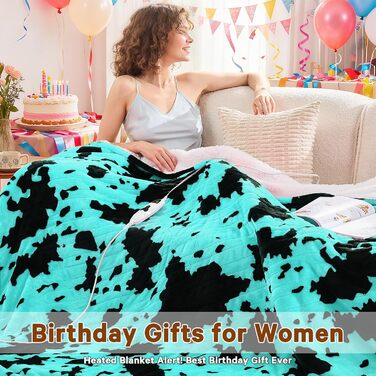 Електрична гріюча ковдра з принтом корів, подвійний розмір, 157 x 213 см, фіолетовий колір, 10 температурних режимів, автоматичне вимкнення через 8 годин, флісова/шерпа ковдра, тепла, подарунок для жінок, розмір 62'x84'