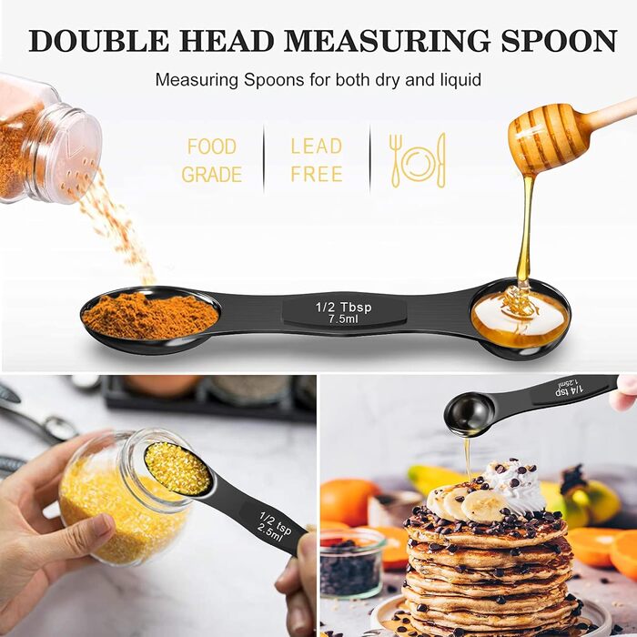 Wildone 21 black measuring cups and spoons, including 7 stainless steel measuring cups, 8 double-sided measuring spoons, 1 leveler, and 5 mini spoons.