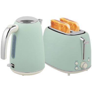 Набір чайник та тостер HOMCOM з нержавіючої сталі, 2200 Вт, 1.7 л, 2-слотовий тостер, 7 рівнів підсмажування, швидкий нагрів, термостат Strix, фільтр від накипу та піддон для крихт, зелений