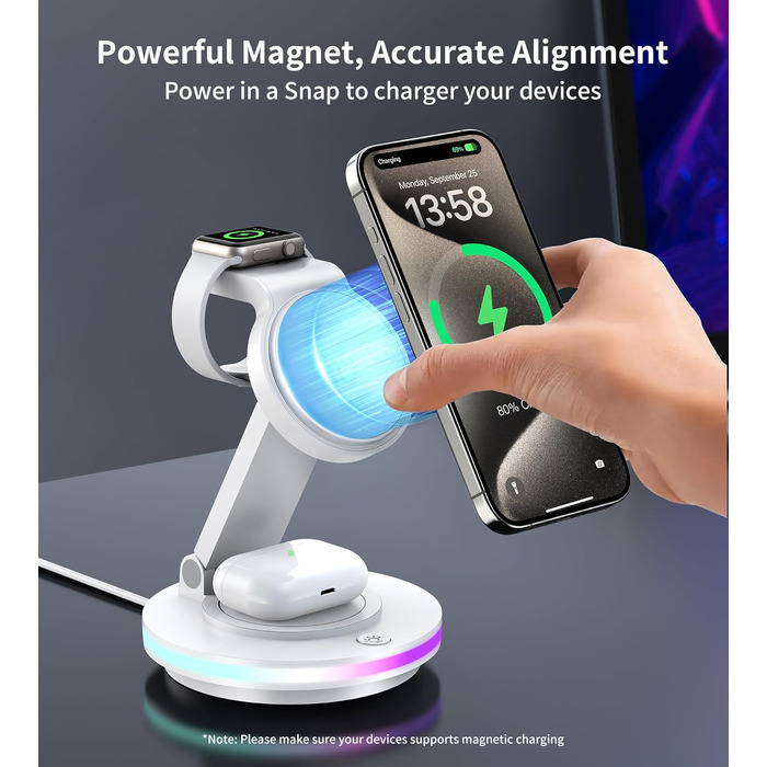 Бездротова зарядка MagSafe 3-в-1: зарядний стан для Apple Watch, iPhone 16/15/14 з нічним світлом, поворотний