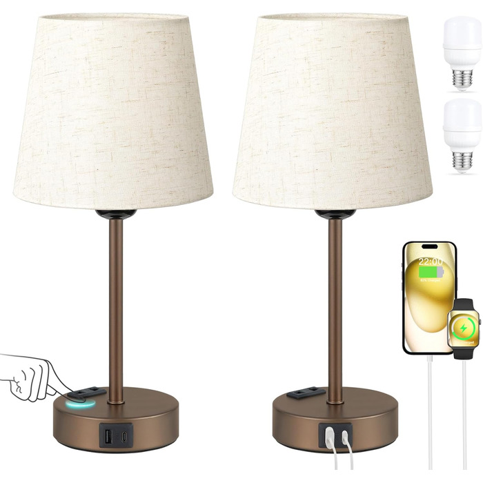 Настільна лампа Kakanuo з торшером, 2 шт., з USB-портами та диммуванням, для спальні, вітальні, дитячої кімнати, офісу