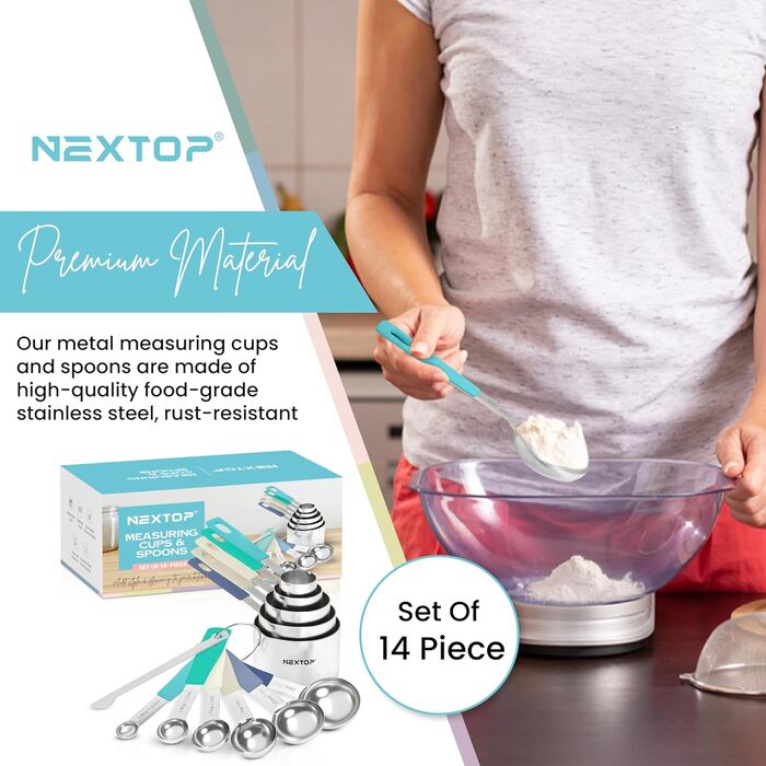 Nextop 14-Piece Stainless Steel Measuring Cup and Spoon Set with All Stackable Sizes and Levelers for Dry Ingredients, Complete Set for Kitchen & Baking Measuring Tools (Aqua Sky Blue Set)