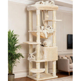 Драбина для котів Heybly Kratzbaum з лежаком, печерею та великими платформами, 50 x 50 x 153 см, бежева HCT050M