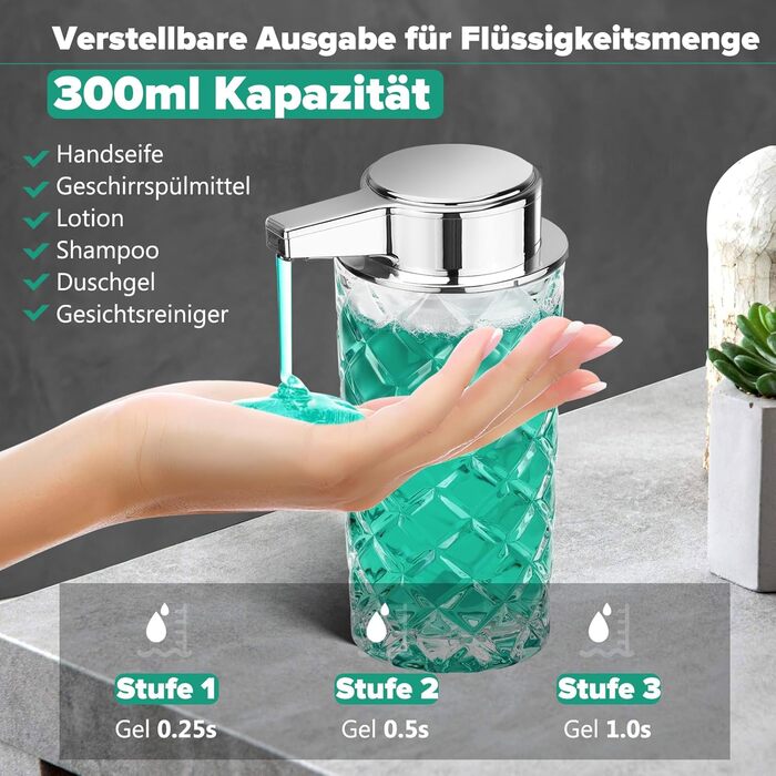 Phneems Automatic Soap Dispenser Glass Electric Soap Dispenser with Sensor, 3-Level Adjustable, Soap Dispenser, Automatic Dish Soap Dispenser, USB Rechargeable, IPX5 Waterproof, 300ML for Bathroom, Kitchen, Gel