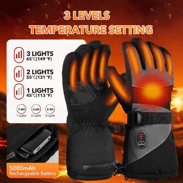 Гріючі рукавички для чоловіків та жінок з акумулятором 5V 5000mAh, 3 режими нагріву, для мотоциклів, велосипедів, катання на лижах