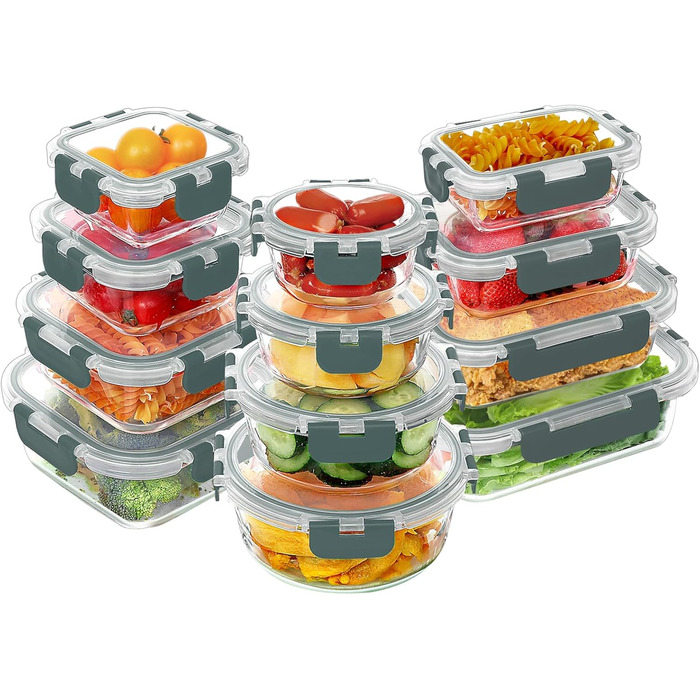 VERONES 24-Piece Crisper Set, Airtight Glass Lunch Boxes, Stackable with Lid, Freezer and Dishwasher Safe, Grey