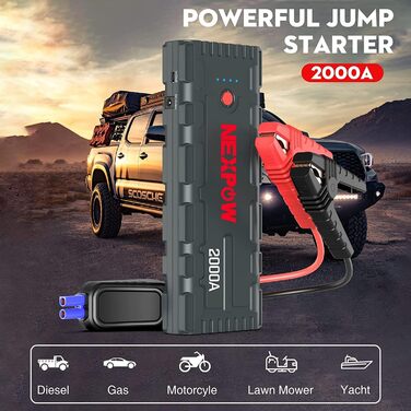 Powerbank NEXPOW Starthilfe: портативний пусковий пристрій для авто 2000A, 12V, USB-швидка зарядка 3.0 (до 7.0L бензин/6.5L дизель), LED-ліхтар, сірий