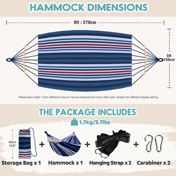 Гамак садовий ANYOO з дерев'яною перекладиною, портативний, зручний для тераси, саду, пляжу (синьо-червоно-білий)