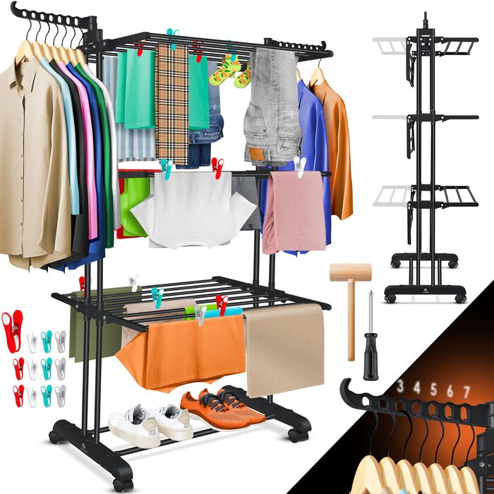 Кесер® Сушилка для білизни з колесами - тур-модель, 4 яруси, 2 обертові крила, 6 розкладних рівнів, білий/антрацит (чорний)