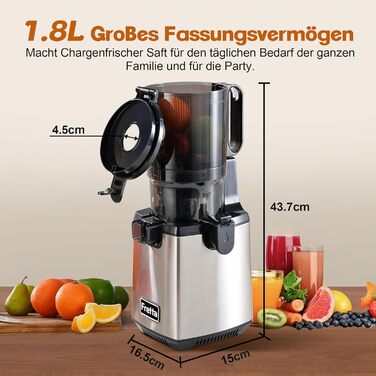 Fretta Slow Juicer, Winner in Vegetable and Fruit Tests, 250W Stainless Steel Electric Juice Extractor, Cold Press Juicer Machine with 135mm Large Opening, Easy to Clean, Reverse Function, BPA Free