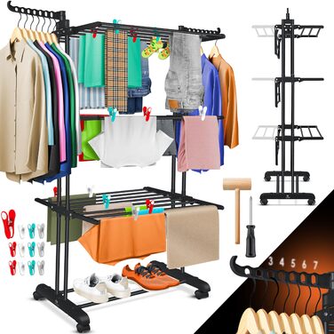 Кесер® Сушилка для білизни з колесами - тур-модель, 4 яруси, 2 обертові крила, 6 розкладних рівнів, білий/антрацит (чорний)