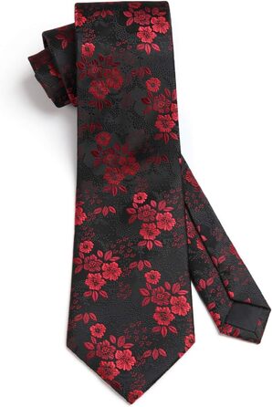 Чоловіча краватка HISDERN 160 см з кишеньковим хустиком. Набір для весілля, бізнесу. Шовкова краватка з квітковим принтом чорного та червоного кольорів.