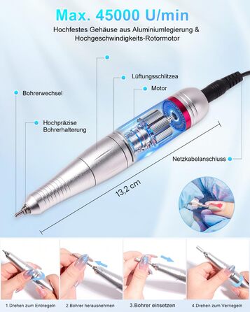 Електрична машинка для манікюру та педикюру CozyZen Professional: 45000 об/хв, LCD-дисплей, керування рукою/ногою, тиха робота, для акрилу та гелю, білий