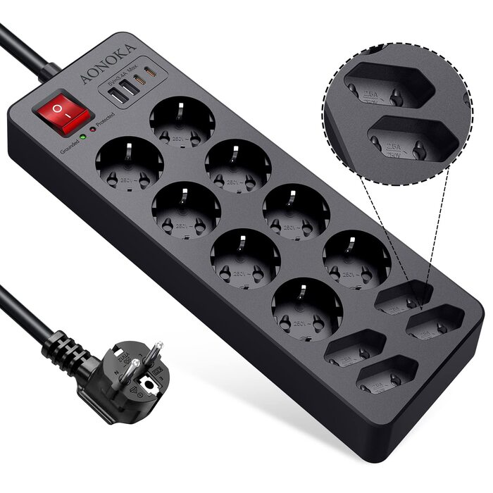 Мережевий фільтр із захистом від перенапруги 10 розеток, USB-C, з вимикачем, 4 USB-порти, 1,5м, чорний (12 розеток)