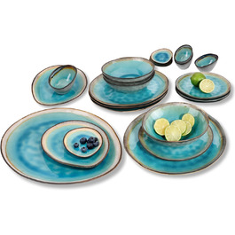 SÄNGER | Capri Tableware Set, 23-Piece, Plate Set for 4 People, Stoneware Plates Set including Serving Plates, Dessert Plates, Dinner Plates & Bowls, Handmade Plates, Turquoise Blue Tableware Set with Grey Rim, 23-Piece