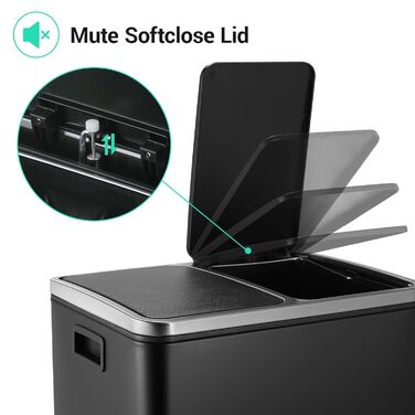 Відро для сміття LIFERUN з двома відсіками, 2 x 15 літрів, металеве, з м'яким закриттям кришки, знімний внутрішній відро, ручки, відро з педаллю, для квартири, маленької сім'ї (Чорний)