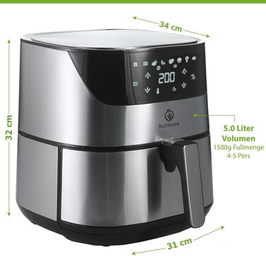Аерофритюрниця NUTRI-FRYER XXL з нержавіючої сталі, 2000 Вт, 5 л, німецька марка, без масла, тестована, набір для приготування картоплі фрі