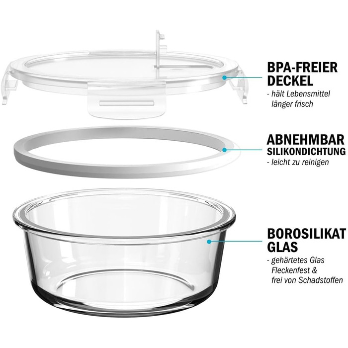Контейнери для харчування Igluu Glas Frisch - 5 шт + 1 кришка, 840 мл, скло Borosilicate, мікрохвильовка, духовка, морозилка, посудомийка, герметичні