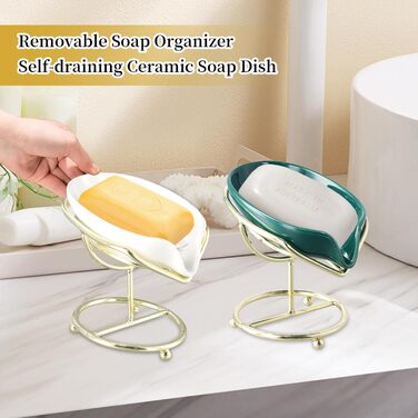 Набір з 2 мисок для мила з отвором, 13,5x8,5 см, кераміка, самостійний злив, у формі листка, білий, зелений