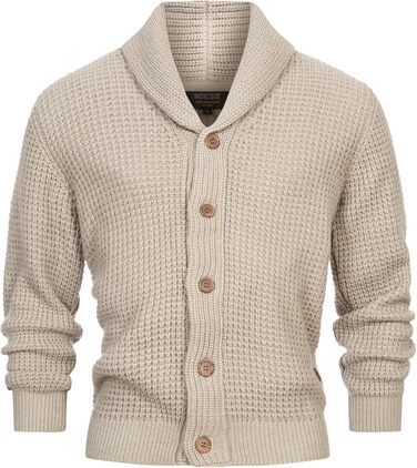 Чоловічий кардиган Indicode INBrandox з коміром-шарфом та ґудзиковою застібкою | Дрібний в'язаний кардиган для чоловіків, колір Stone