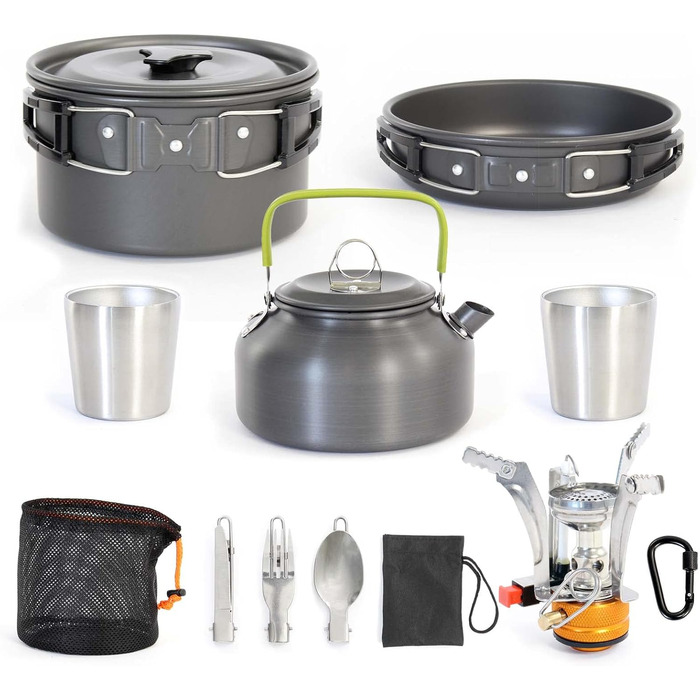 Набір кухонного посуду для кемпінгу 12 предметів: каструлі, сковорідки, чайник | Кухонний набір для відпочинку на природі