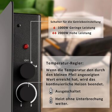 Конвектор DONYER POWER 2000W з чорною скляною панеллю, 2КВт, настінний/підлоговий