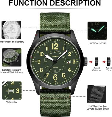 Годинник чоловічий LN LENQIN Military 30M водонепроникні годинники з датою, кварцові, тактичні, з нейлоновим ремінцем (зелено-чорний)