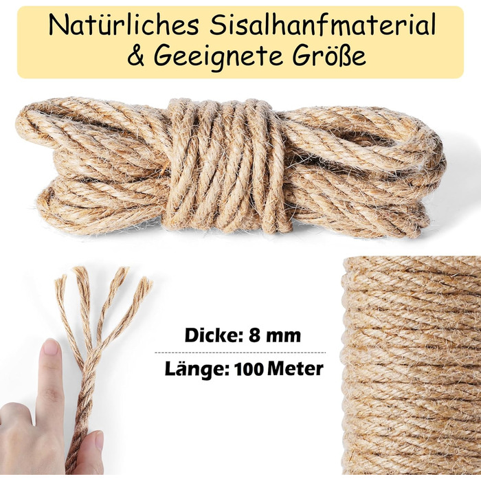 100M Sisal Rope for Cat Trees 8MM, Natural Sisal Rope for Cats, Scratch Rope, Household, Garden, DIY, Decoration, Cord for Replacement