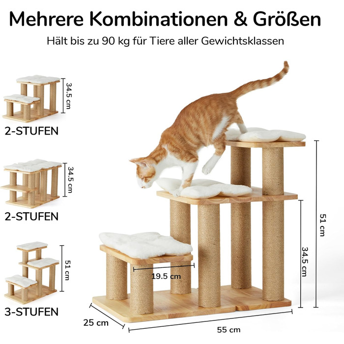 Сходинки для собак FUKUMARU, 3 сходинки, для домашніх тварин, з натурального гумового дерева та джуту, регульована висота 18-51 см, витримує до 90 кг, знімний м'який килимок, 6 варіантів комбінації, білий килимок