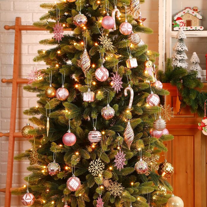 Набір прикрас на ялинку Shareconn 65 шт. - пластикові ялинкові кулі, міцні, з мотузкою, різні розміри та кольори (червоний, білий, рожевий, золотий)