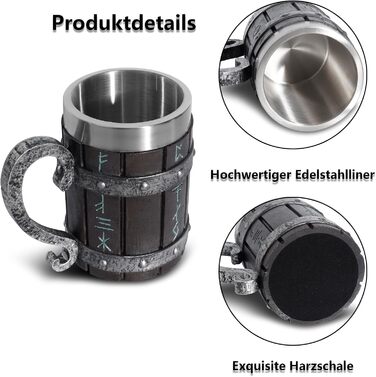 Таз для пива Viking з дерева та нержавіючої сталі, 600 мл, 14.3 см – середньовічний стиль для чоловіків