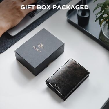 Портмоне для карток VULKIT RFID з захистом, з натуральної шкіри, з відділенням для грошей, віконцем для посвідчення та відділенням для монет, на магнітній застібці (Industrial Metallique Texture, Чорний)