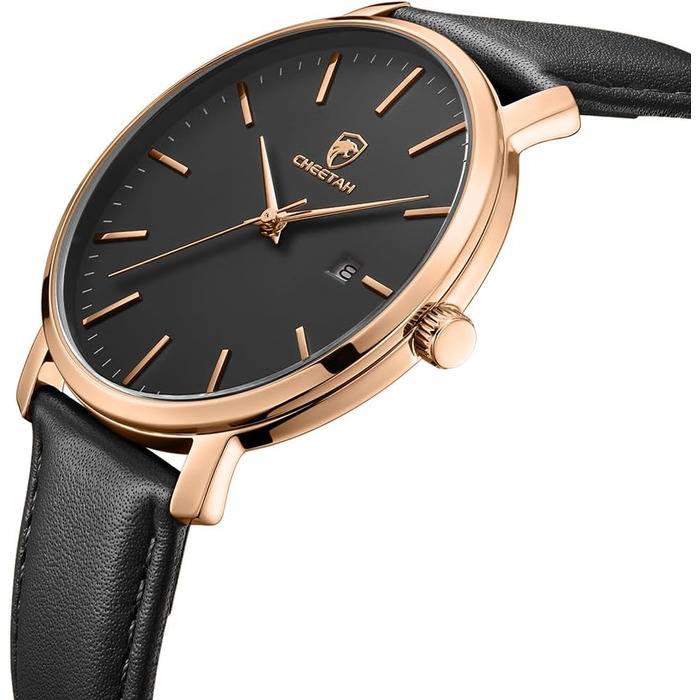 Чоловічий годинник Cheeta: мінімалістичний дизайн, кварцовий механізм, водостійкість 3 ATM, шкіряний ремінець, дата, спортивний стиль, рожеве золото, чорний колір