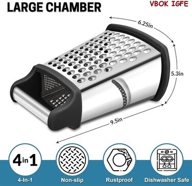 Нержавійна тертка з 4 сторонами для кухні: грубе та дрібне тертя, для овочів, фруктів, сиру, придатна для миття в посудомийній машині (чорний)