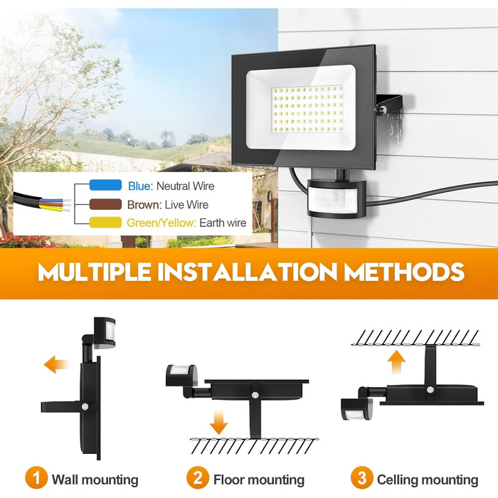 papasbox 2 Pack LED Floodlights with Motion Sensor and Light Sensor | Outdoor Floodlights/Spotlights with Remote Control | 6500K Cool White IP66 Waterproof Floodlight for Garden, Garage, Sports Field (50W, 2 Pack)