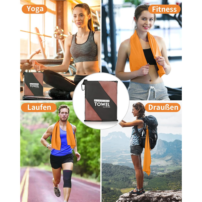 Набір з 3 рушників з мікрофібри, 180x80 см + 2 рушники 80x40 см, для фітнесу, сауни, пляжу, подорожей, темно-зелений (оранжевий)