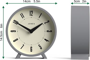 JONES CLOCKS® Desk Clock 'Venus' – modern round design in gray, stylish retro look for shelves, tables, mantels, or bedside tables