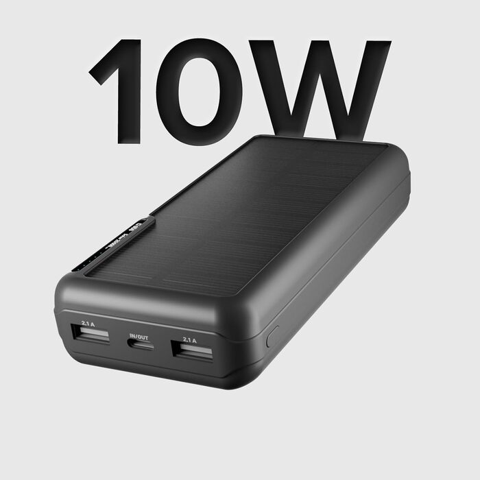 Powerbank SBS Solar 20000mAh з сонячною панеллю, швидкою зарядкою, LED-індикатором, USB-C, USB-A, чорний