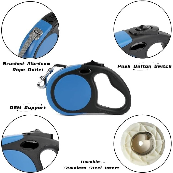 Висувна повід для 2 маленьких собак (до 20 кг кожна), 4.8 м, повід з мішками для екскрементів, неслизька ручка, однокнопкове управління, 360° без перекручування, розмір M (Блакитний)