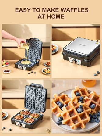 Reemix 4-Waffle Belgian Waffle Maker - 1200W Electric with Non-Stick Plates, Adjustable Temperature & Easy Cleaning, Stainless Steel