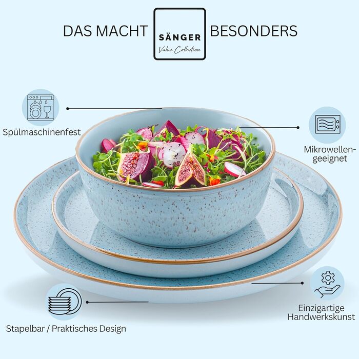 Набір посуду SÄNGER Rio Lagune 24 частини: 6 тарілок, 6 сніданок, 6 глибоких тарілок, 6 мисок для пасти, посуд для 6 осіб, блакитний, Steingut (фарфор)