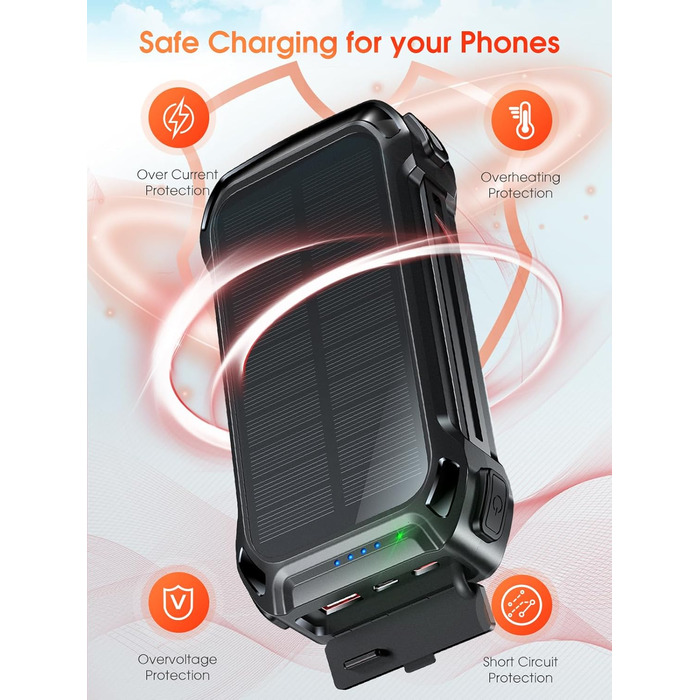 Портативний зарядний акумулятор 26800mAh з сонячною панеллю, 30W PD, 15W Wireless, 3 порти, ліхтарик, для телефонів та планшетів, чорний